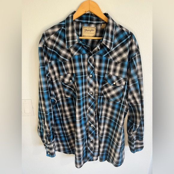 Wrangler Shirt Mens Blue Plaid Pearl Snap Western Button Up Size 3XL - Picture 2 of 11